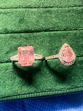 Pink Halo Teardrop and Emerald-Cut Pink Stone Moissanite Rings - size 6 and 7